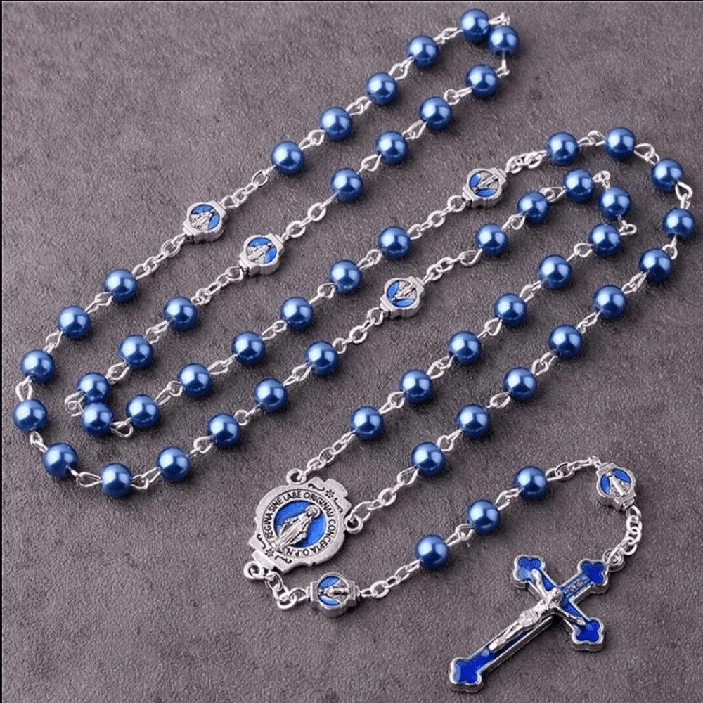 Christianartworkshop Rosario con medalla milagrosa y crucifijo de cristal azul redondo de 6 mm y cadena de aleación. - image 1