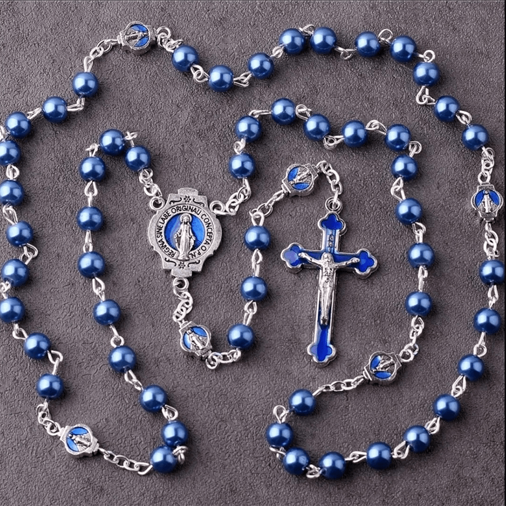 Christianartworkshop Rosario con medalla milagrosa y crucifijo de cristal azul redondo de 6 mm y cadena de aleación. - Azul - image 0