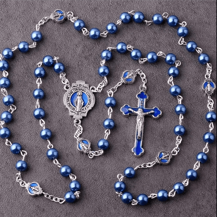 Christianartworkshop Rosario con medalla milagrosa y crucifijo de cristal azul redondo de 6 mm y cadena de aleación. - Azul - image 0
