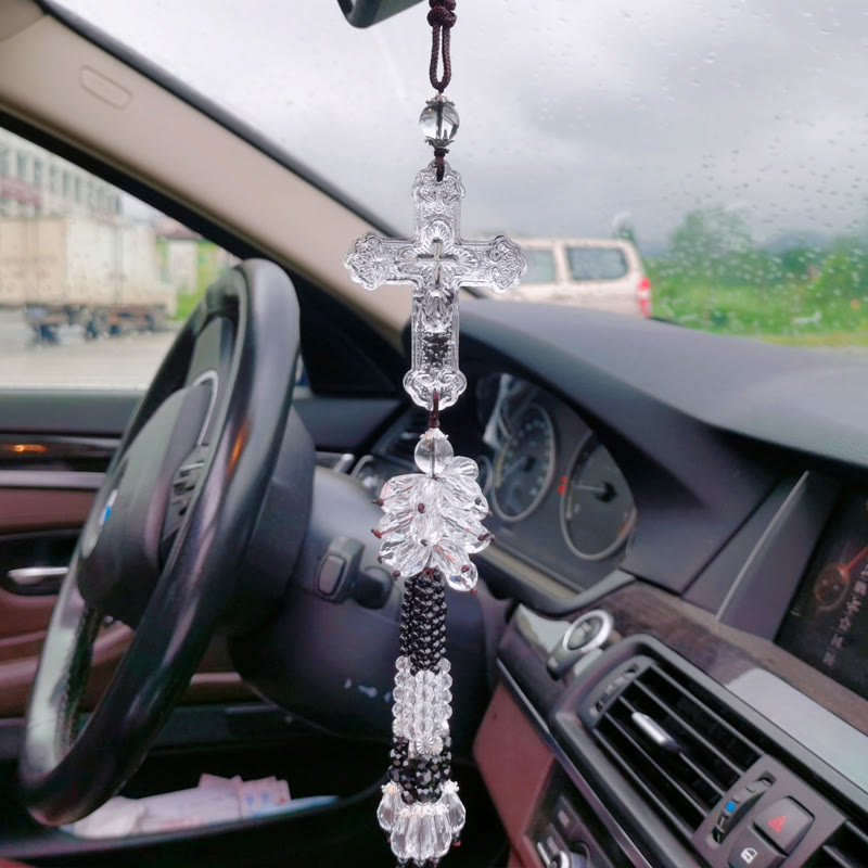 Christianartworkshop Colgante para coche de estilo moderno con crucifijo, borlas de cristal y adornos colgantes para coche. - Colgante de cuentas transparentes - image 11