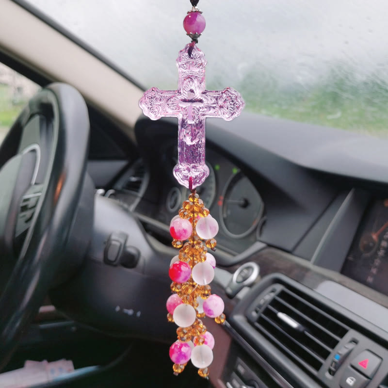 Christianartworkshop Colgante para coche de estilo moderno con crucifijo, borlas de cristal y adornos colgantes para coche. - Colgante de cuentas rosas - image 9