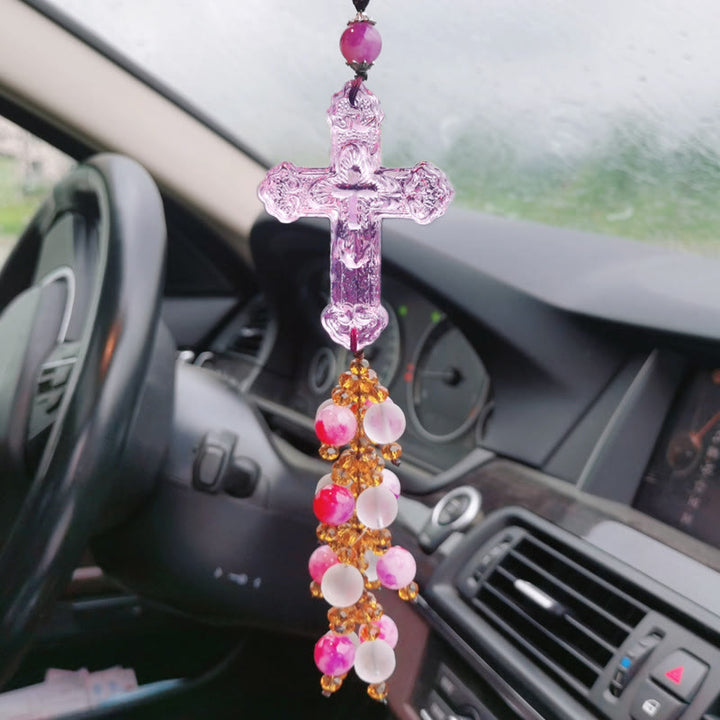 Christianartworkshop Colgante para coche de estilo moderno con crucifijo, borlas de cristal y adornos colgantes para coche. - Colgante de cuentas rosas - image 9