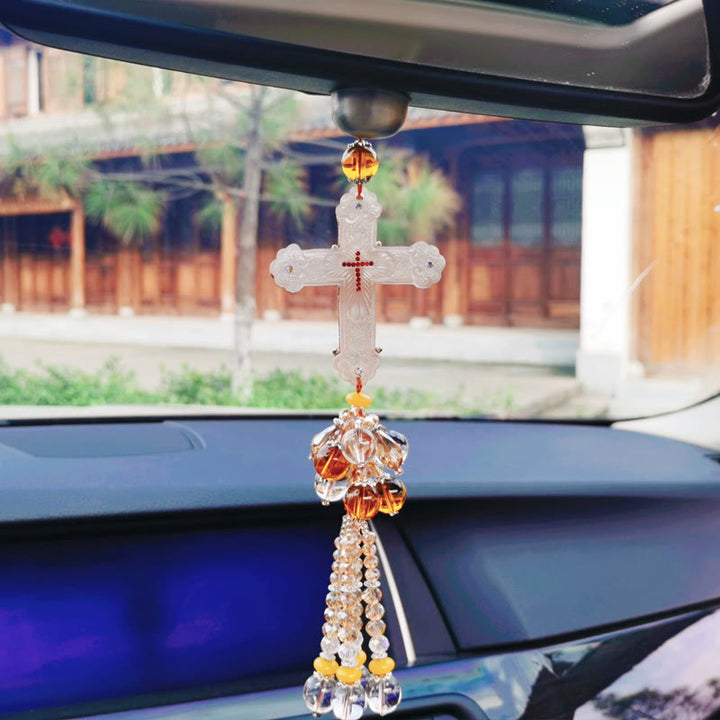 Christianartworkshop Colgante para coche de estilo moderno con crucifijo, borlas de cristal y adornos colgantes para coche. - image 4