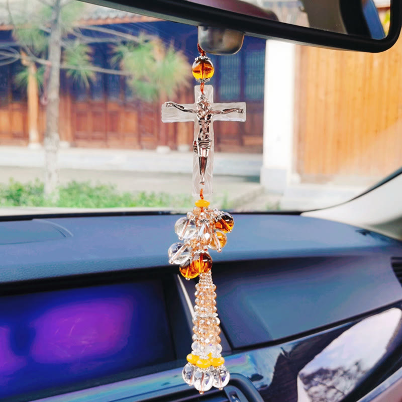 Christianartworkshop Colgante para coche de estilo moderno con crucifijo, borlas de cristal y adornos colgantes para coche. - image 5