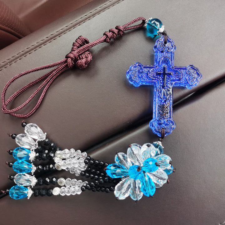 Christianartworkshop Colgante para coche de estilo moderno con crucifijo, borlas de cristal y adornos colgantes para coche. - Colgante de cuentas azules - image 10