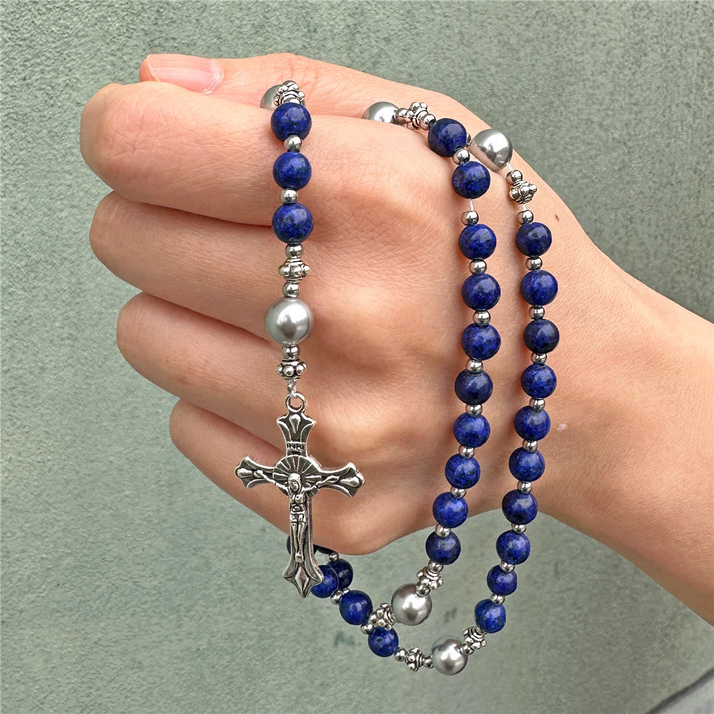 Christianartworkshop Rosario con medalla de la Virgen María, piedra natural y perlas. - Azul real - image 0