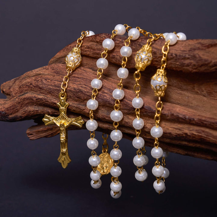 ChristianartworkshopRosario con medalla de San Benito y crucifijo de 6 mm, cadena de aleación de perlas blancas redondas. - 🔥3 PIEZAS - image 0