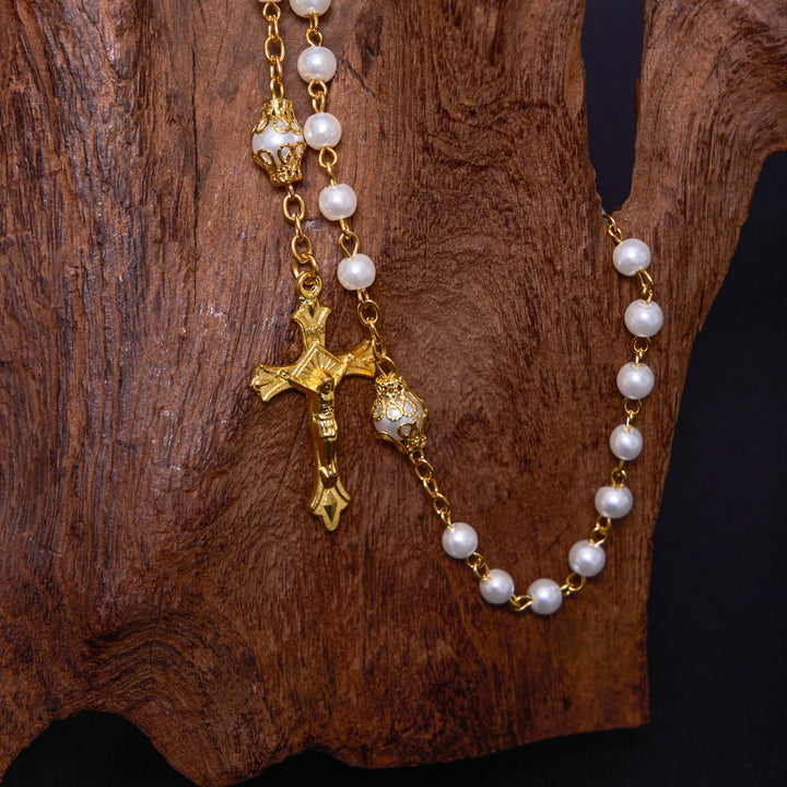 ChristianartworkshopRosario con medalla de San Benito y crucifijo de 6 mm, cadena de aleación de perlas blancas redondas. - image 2