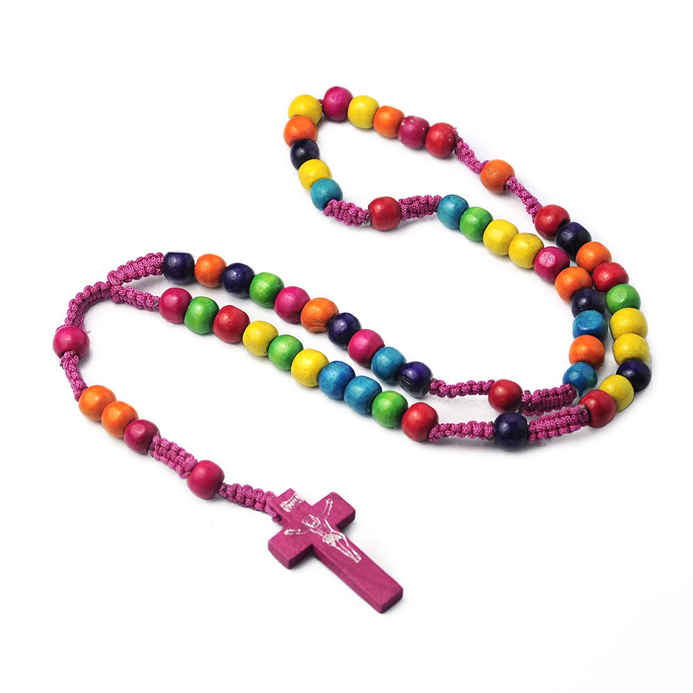 Christianartworkshop Crucifijo de rosario redondo de madera multicolor de 8 mm con cordón de nailon - Cuentas de arcoíris - image 0
