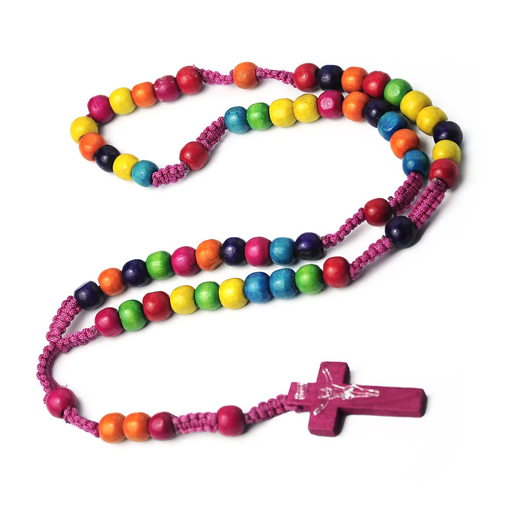 Christianartworkshop Crucifijo de rosario redondo de madera multicolor de 8 mm con cordón de nailon - image 1