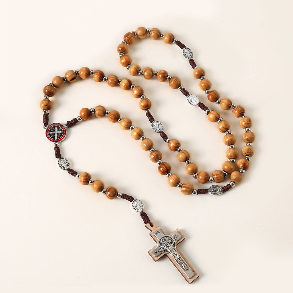 Christianartworkshop Medalla Milagrosa, Medalla de San Benito y Crucifijo de 10 mm, Rosario de Madera Marrón con Cordón de Nylon - Cuentas de madera - image 0