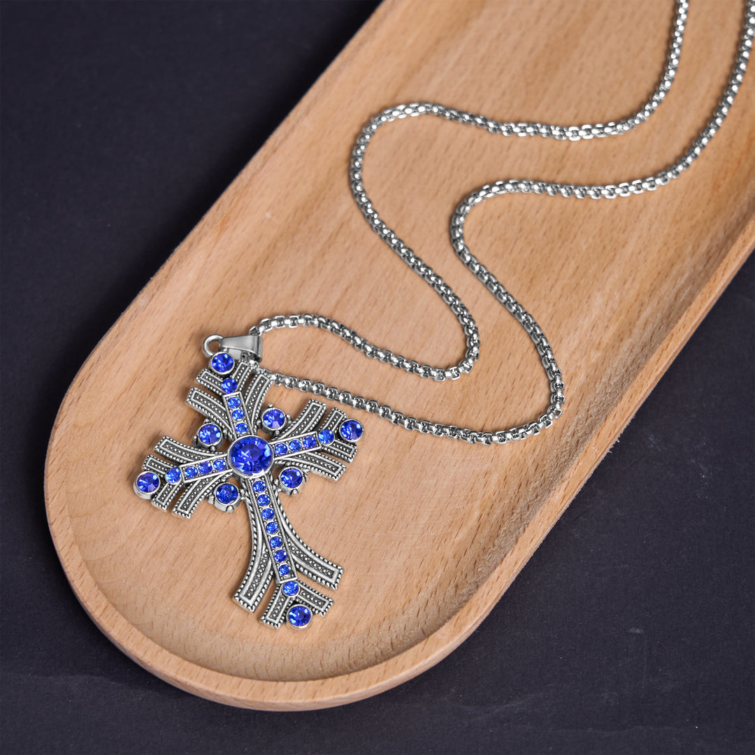 Christianartworkshop Collar con colgante de cruz de piedras preciosas azules de estilo bohemio retro - Azul - image 0