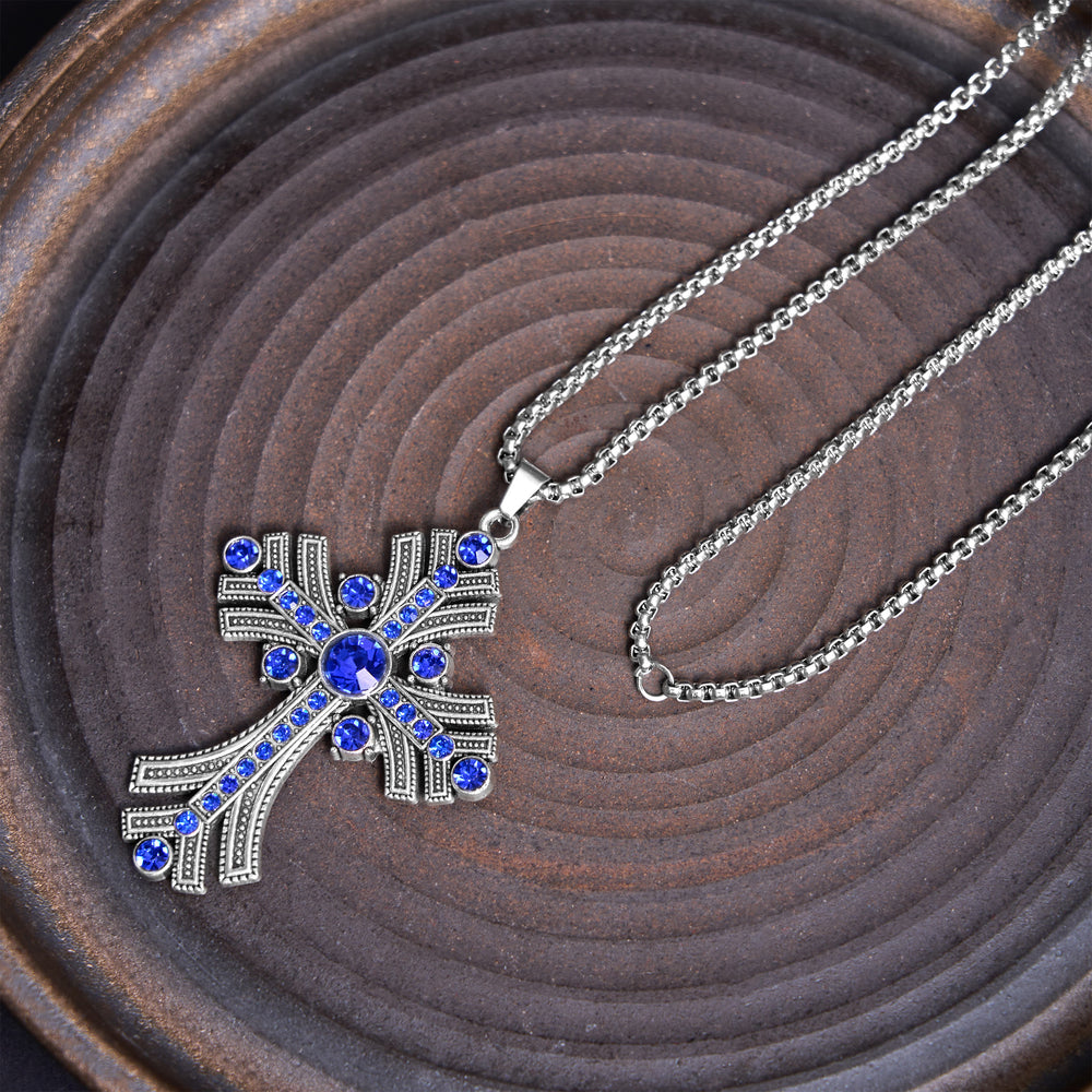 Christianartworkshop Collar con colgante de cruz de piedras preciosas azules de estilo bohemio retro - image 1