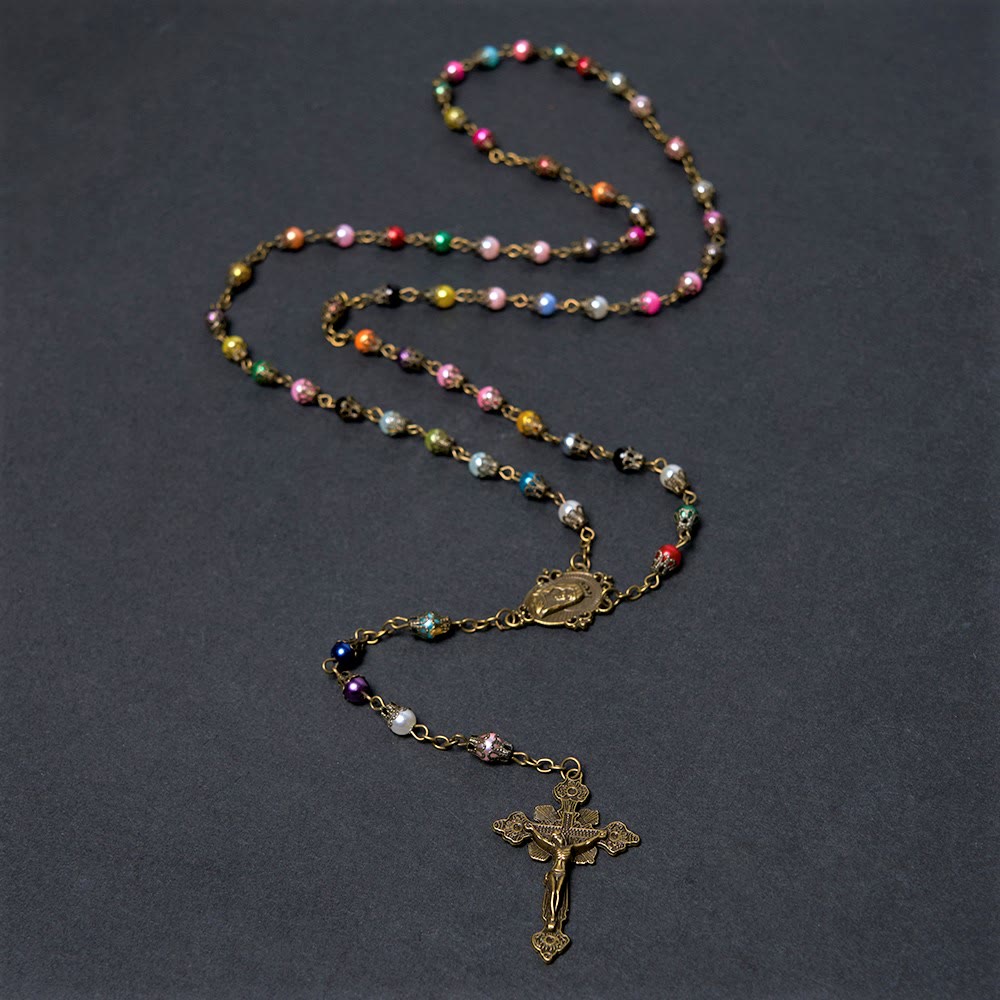 Christianartworkshop Rosario de cadena de aleación acrílica multicolor redonda de 6 mm con la imagen de Nuestra Señora de Fátima y su crucifijo. - image 1