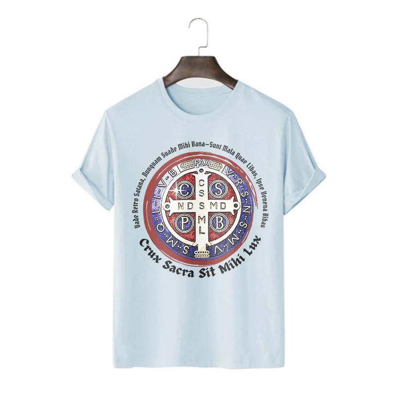 Christianartworkshop Camiseta de manga corta con medalla de San Benito de estilo clásico - Azul - 2XL - image 17
