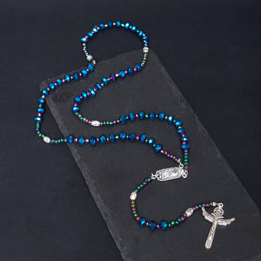 Christianartworkshop Rosario de Nuestra Señora de Guadalupe y la Cruz de la Trinidad, de poliedro de 4*6 mm, con cordón de nailon y cristal azul. - Azul - image 0