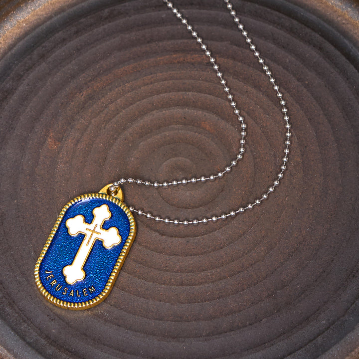 Christianartworkshop Collar con colgante de escudo de protección de la Cruz de Jerusalén de diseño moderno. - Azul - Cordón de cuero - image 2