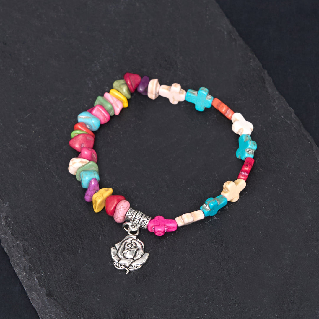 Christianartworkshop Pulsera colorida de estilo bohemio con rosa y cruz turquesa de la Virgen María. - Multicolor - image 0