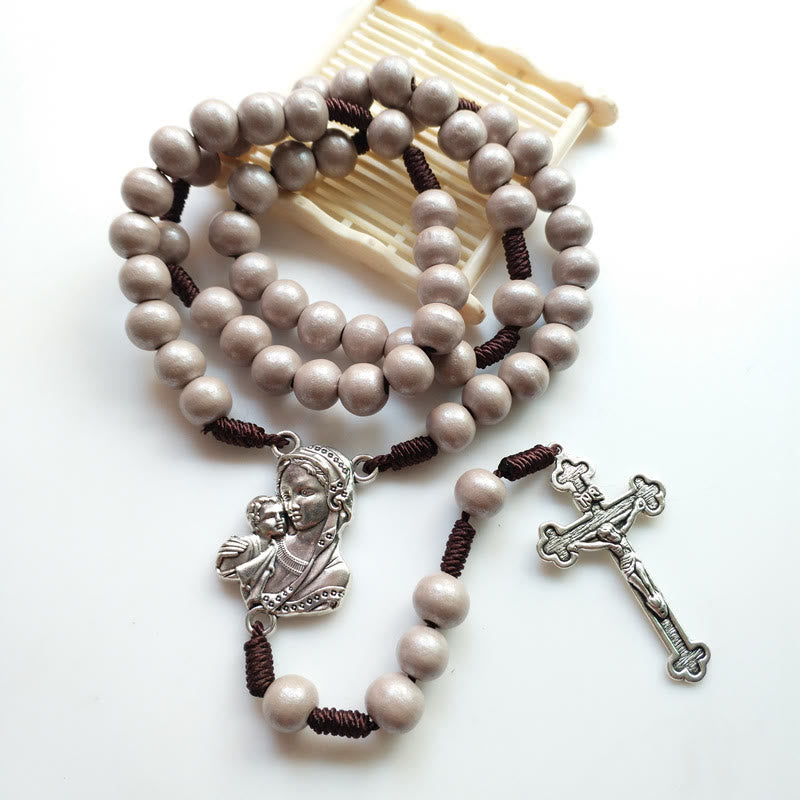 Christianartworkshop Rosario de la Virgen con el Niño y Crucifijo de madera redonda marrón de 10 mm con cordón de nailon. - image 1