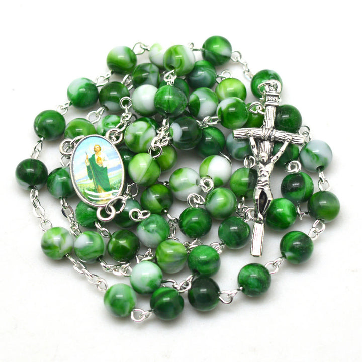 Christianartworkshop Rosario de San Judas Tadeo y Crucifijo de 8 mm con cadena redonda de aleación acrílica verde. - image 6