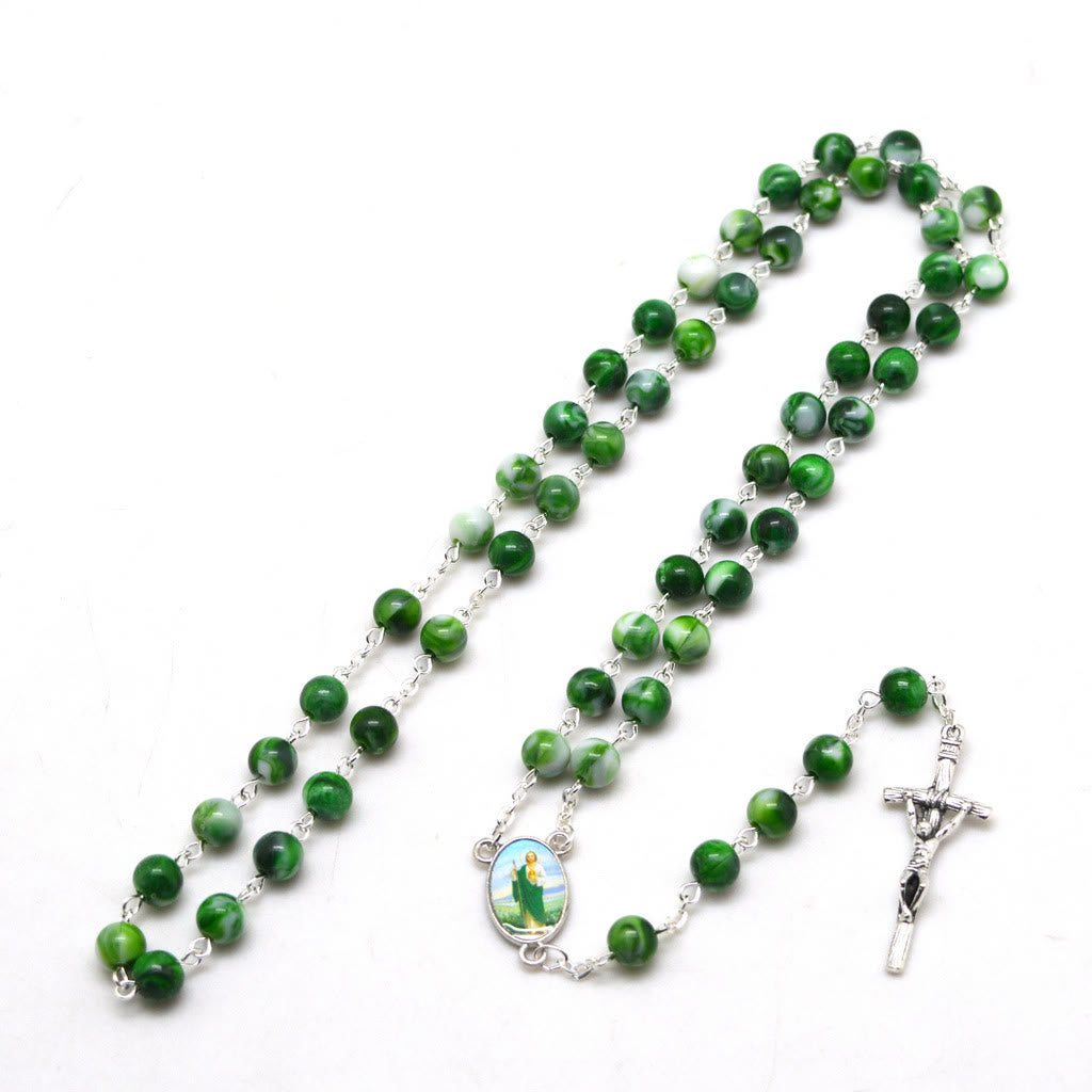 Christianartworkshop Rosario de San Judas Tadeo y Crucifijo de 8 mm con cadena redonda de aleación acrílica verde. - image 7