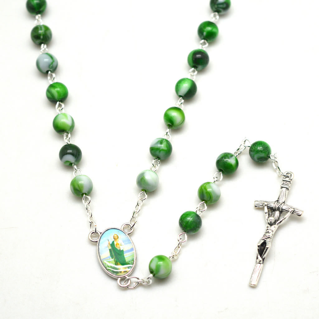 Christianartworkshop Rosario de San Judas Tadeo y Crucifijo de 8 mm con cadena redonda de aleación acrílica verde. - image 5