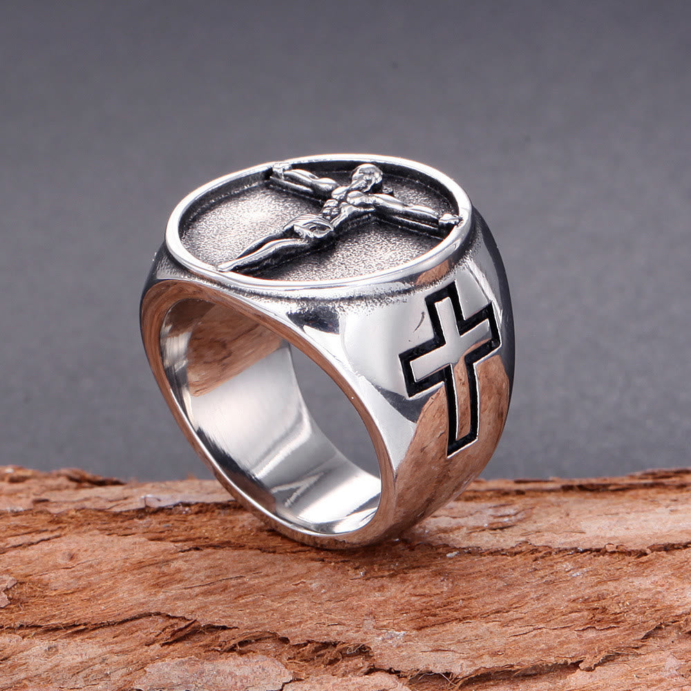 Christianartworkshop Anillo con el símbolo de la cruz de Jesús de estilo retro clásico y fe bendita. - image 3