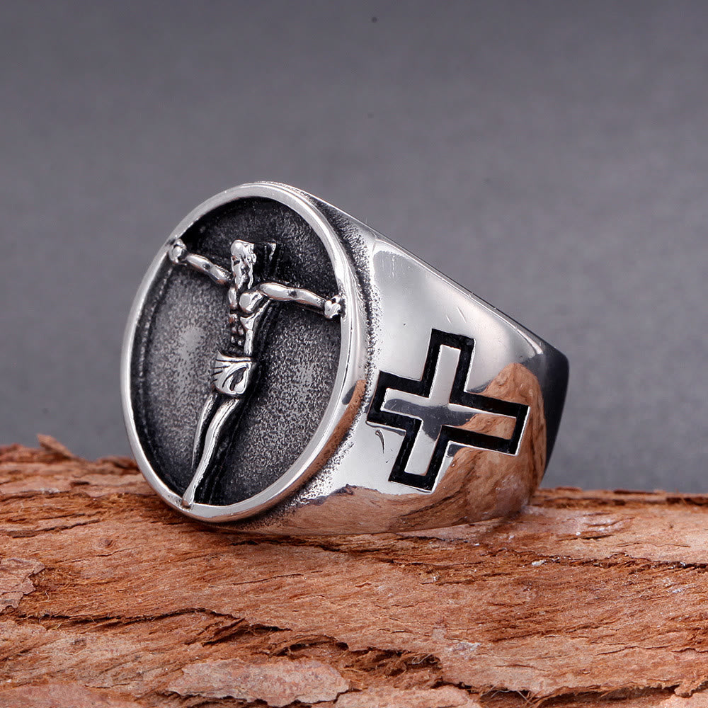 Christianartworkshop Anillo con el símbolo de la cruz de Jesús de estilo retro clásico y fe bendita. - image 2