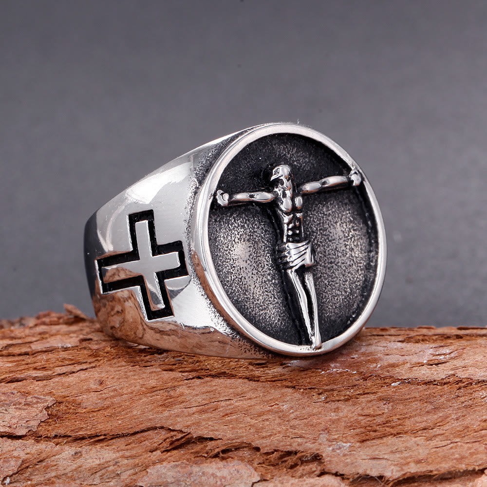 Christianartworkshop Anillo con el símbolo de la cruz de Jesús de estilo retro clásico y fe bendita. - image 1