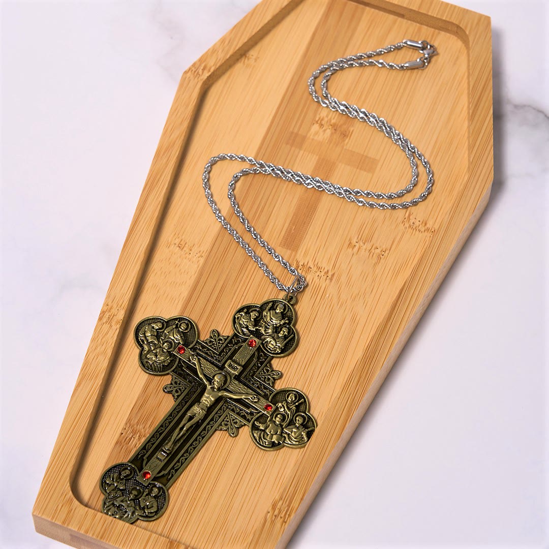 Christianartworkshop Collar con colgante de crucifijo ornamentado de estilo clásico con iconografía de Todos los Santos y detalles de gemas rojas. - image 6