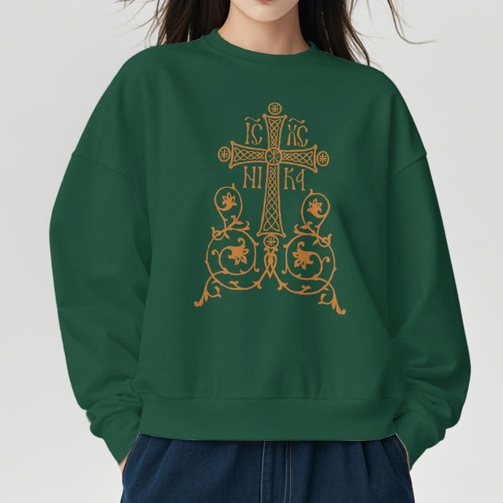 Christianartworkshop Sudadera de poliéster con forro polar y emblema de la Sagrada Cruz de estilo clásico con estampado floral y enredaderas. - image 23