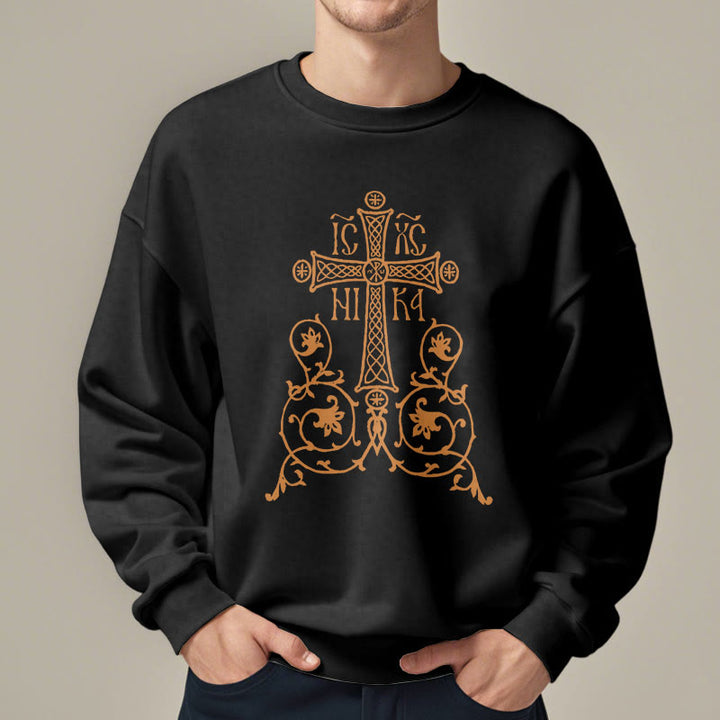 Christianartworkshop Sudadera de poliéster con forro polar y emblema de la Sagrada Cruz de estilo clásico con estampado floral y enredaderas. - image 2