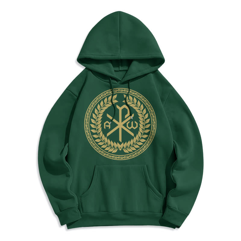 Christianartworkshop Sudadera con capucha de poliéster forrada de felpa con el emblema sagrado Chi-rho de estilo clásico y corona de laurel. - Verde - 2XL - image 20