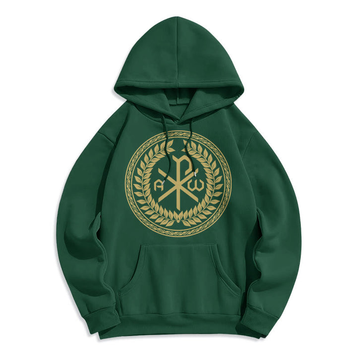 Christianartworkshop Sudadera con capucha de poliéster forrada de felpa con el emblema sagrado Chi-rho de estilo clásico y corona de laurel. - Verde - 2XL - image 20