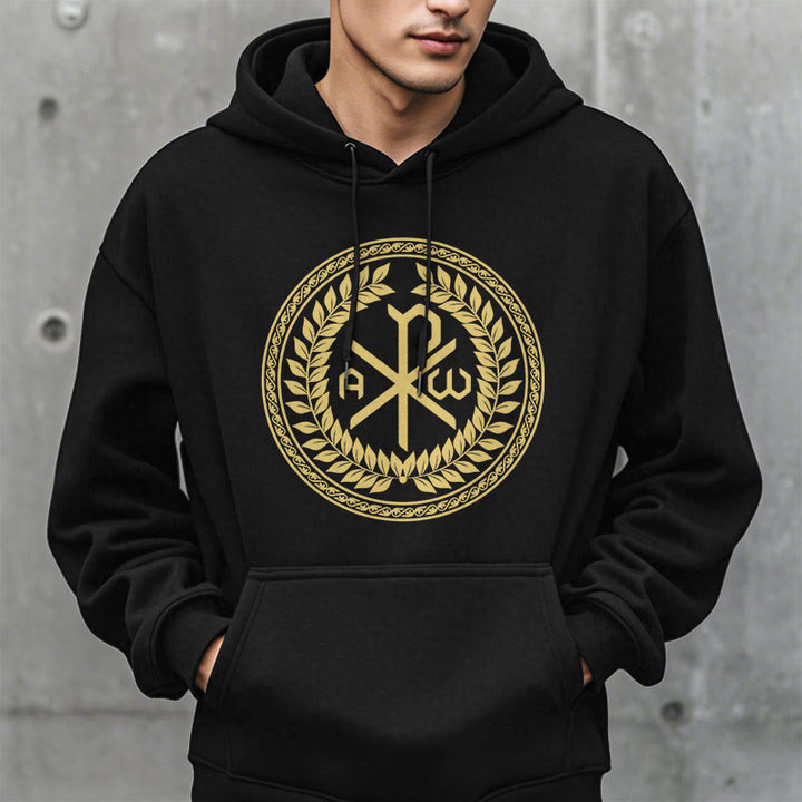 Christianartworkshop Sudadera con capucha de poliéster forrada de felpa con el emblema sagrado Chi-rho de estilo clásico y corona de laurel. - image 2