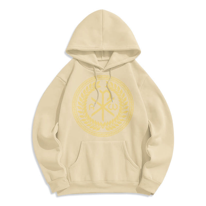 Christianartworkshop Sudadera con capucha de poliéster forrada de felpa con el emblema sagrado Chi-rho de estilo clásico y corona de laurel. - Beige - 2XL - image 10