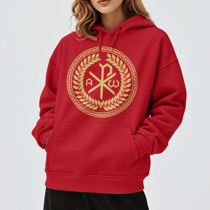 Christianartworkshop Sudadera con capucha de poliéster forrada de felpa con el emblema sagrado Chi-rho de estilo clásico y corona de laurel. - image 37