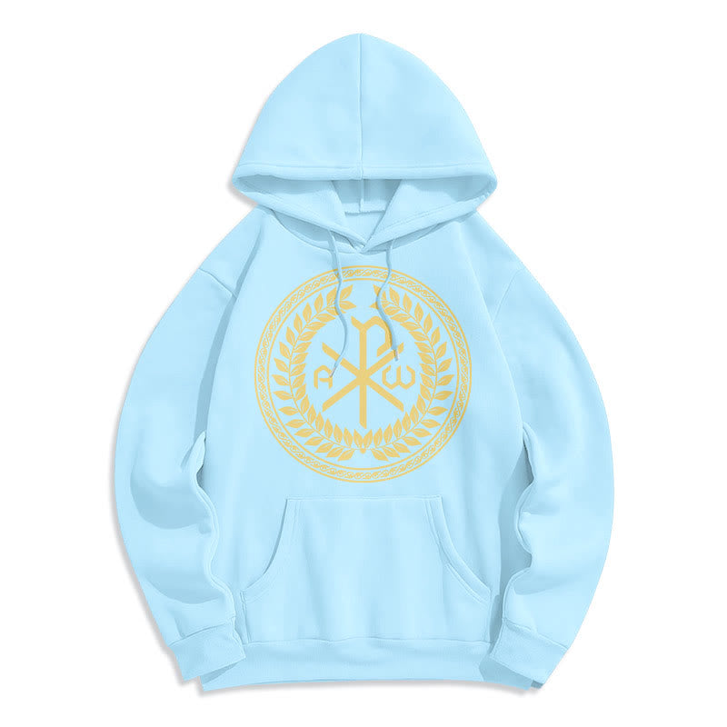 Christianartworkshop Sudadera con capucha de poliéster forrada de felpa con el emblema sagrado Chi-rho de estilo clásico y corona de laurel. - Azul - 2XL - image 25