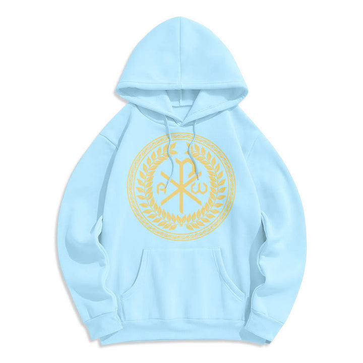 Christianartworkshop Sudadera con capucha de poliéster forrada de felpa con el emblema sagrado Chi-rho de estilo clásico y corona de laurel. - Azul - 2XL - image 25