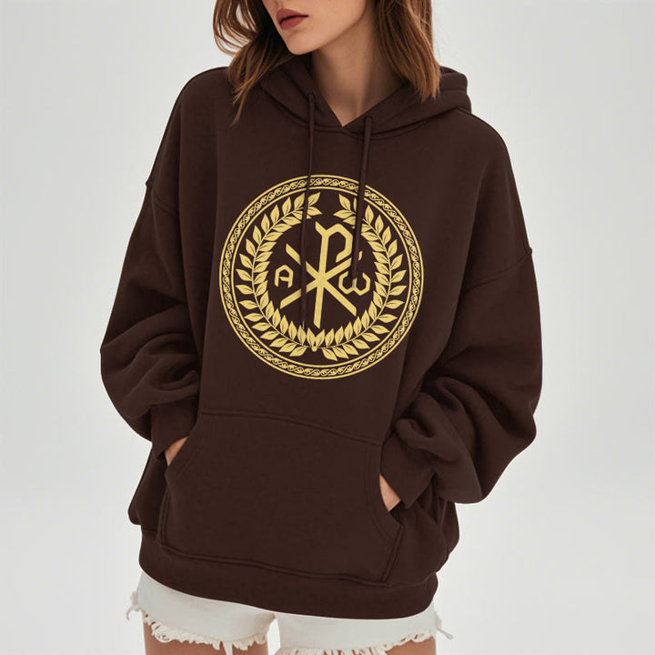 Christianartworkshop Sudadera con capucha de poliéster forrada de felpa con el emblema sagrado Chi-rho de estilo clásico y corona de laurel. - image 17