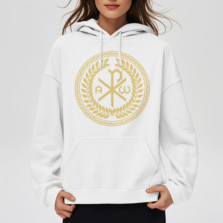 Christianartworkshop Sudadera con capucha de poliéster forrada de felpa con el emblema sagrado Chi-rho de estilo clásico y corona de laurel. - image 8