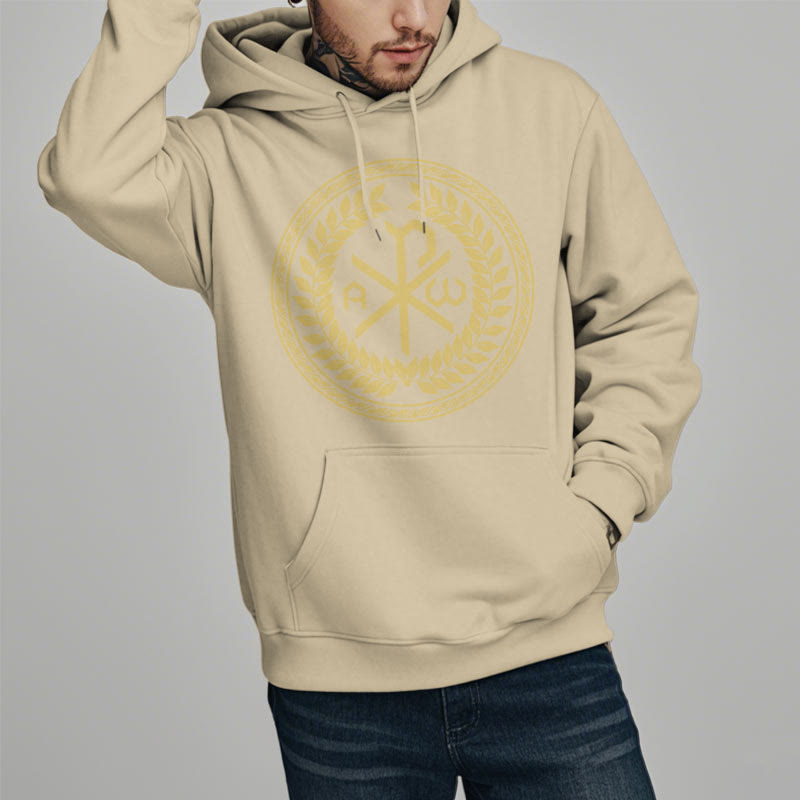 Christianartworkshop Sudadera con capucha de poliéster forrada de felpa con el emblema sagrado Chi-rho de estilo clásico y corona de laurel. - image 12