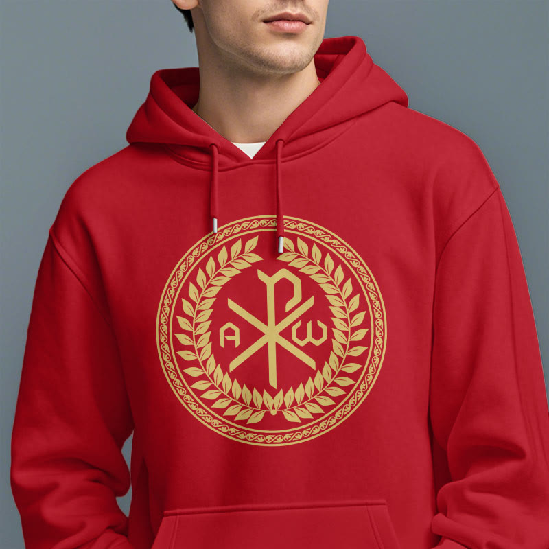 Christianartworkshop Sudadera con capucha de poliéster forrada de felpa con el emblema sagrado Chi-rho de estilo clásico y corona de laurel. - image 38