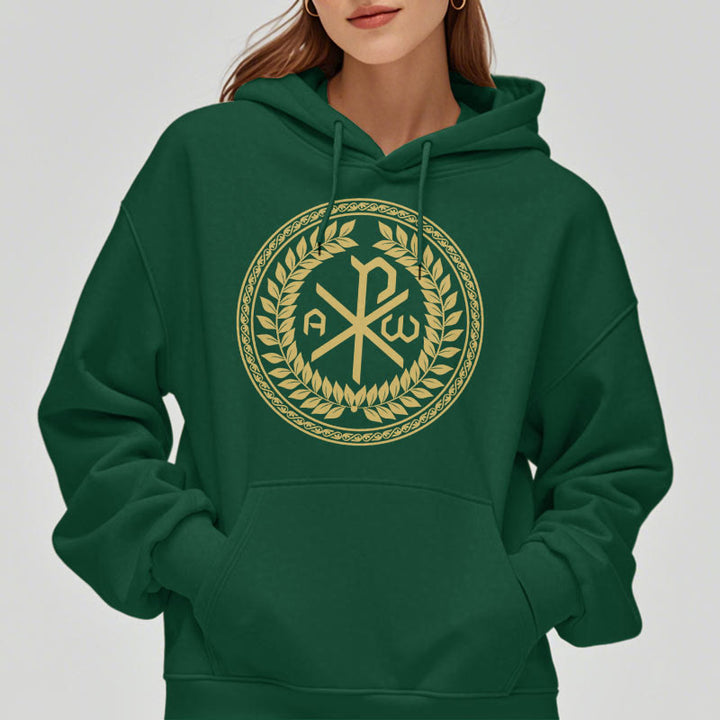 Christianartworkshop Sudadera con capucha de poliéster forrada de felpa con el emblema sagrado Chi-rho de estilo clásico y corona de laurel. - image 22