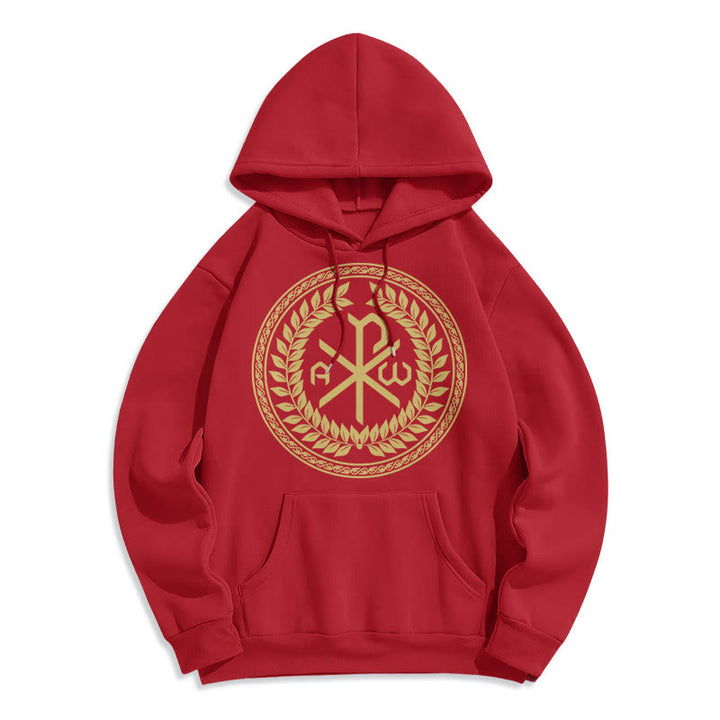Christianartworkshop Sudadera con capucha de poliéster forrada de felpa con el emblema sagrado Chi-rho de estilo clásico y corona de laurel. - Rojo - 2XL - image 35