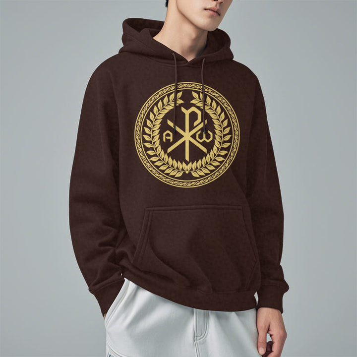 Christianartworkshop Sudadera con capucha de poliéster forrada de felpa con el emblema sagrado Chi-rho de estilo clásico y corona de laurel. - image 18