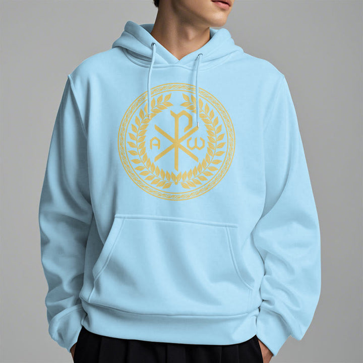 Christianartworkshop Sudadera con capucha de poliéster forrada de felpa con el emblema sagrado Chi-rho de estilo clásico y corona de laurel. - image 27