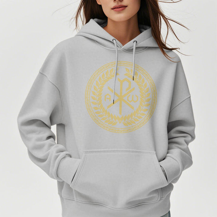 Christianartworkshop Sudadera con capucha de poliéster forrada de felpa con el emblema sagrado Chi-rho de estilo clásico y corona de laurel. - image 32