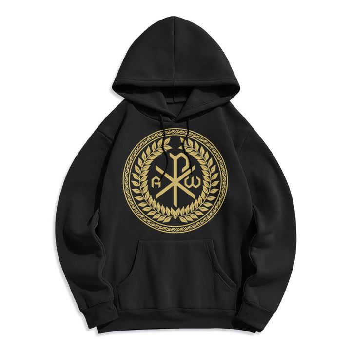 Christianartworkshop Sudadera con capucha de poliéster forrada de felpa con el emblema sagrado Chi-rho de estilo clásico y corona de laurel. - Negro - 2XL - image 0