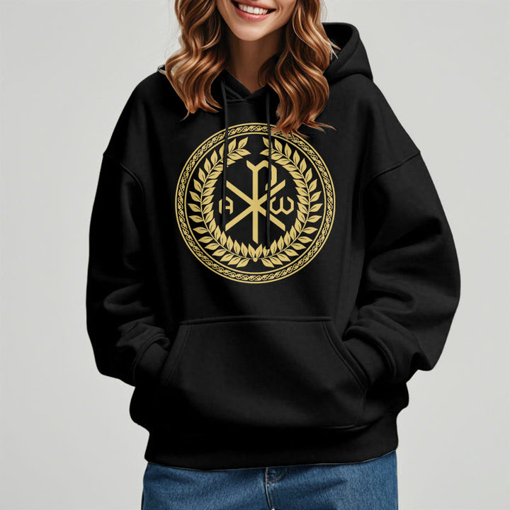 Christianartworkshop Sudadera con capucha de poliéster forrada de felpa con el emblema sagrado Chi-rho de estilo clásico y corona de laurel. - image 1